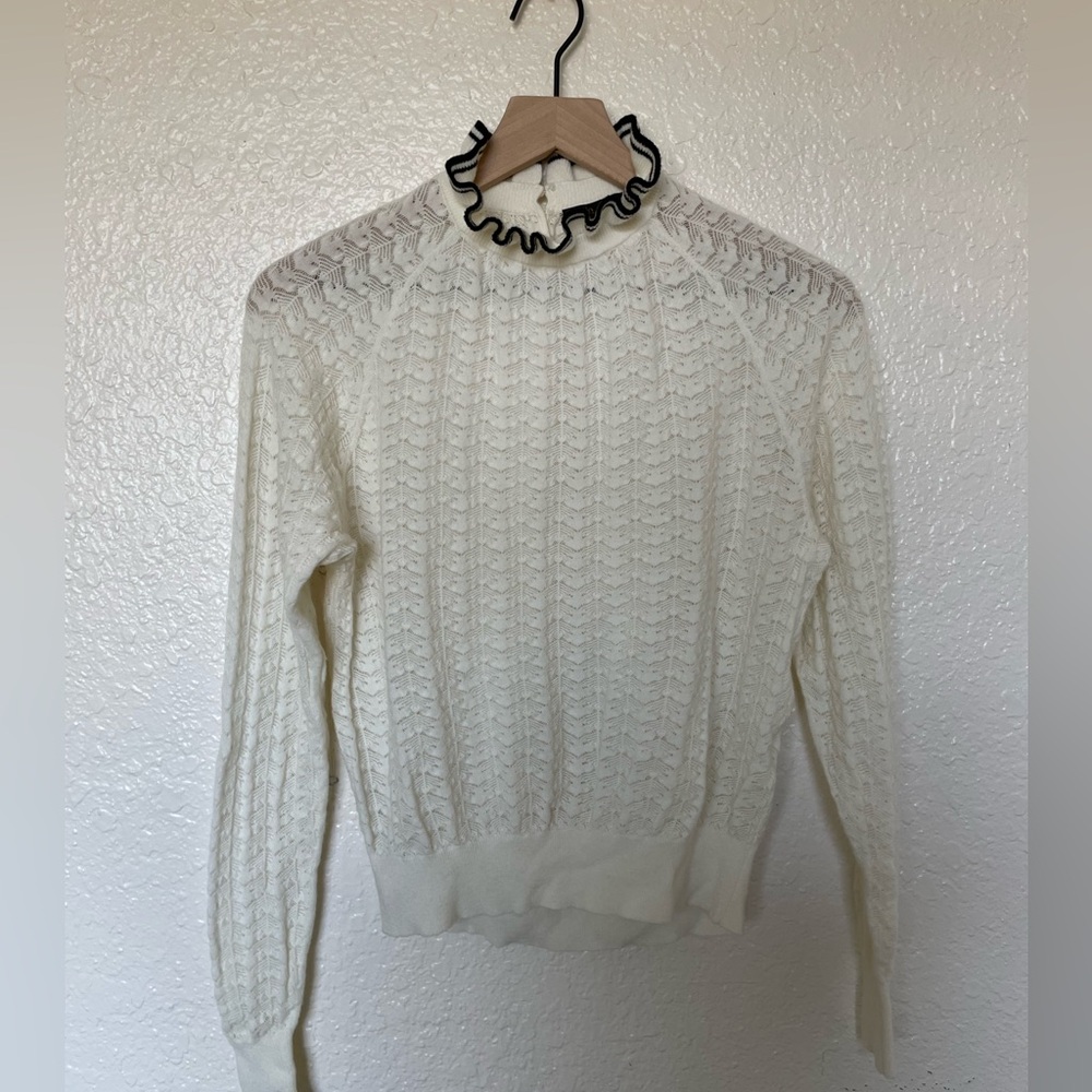 MAJE Pointelle Knit Ruffle Collar Sweater